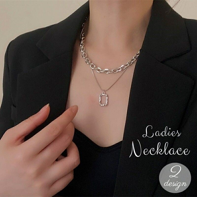 送料無料 ネックレス レディース 女性用 アクセサリー チェーン ごつめ 太め 重ね付け 二連 チャーム付き スクエア シルバーカラー おしゃれ カジュアル シ...