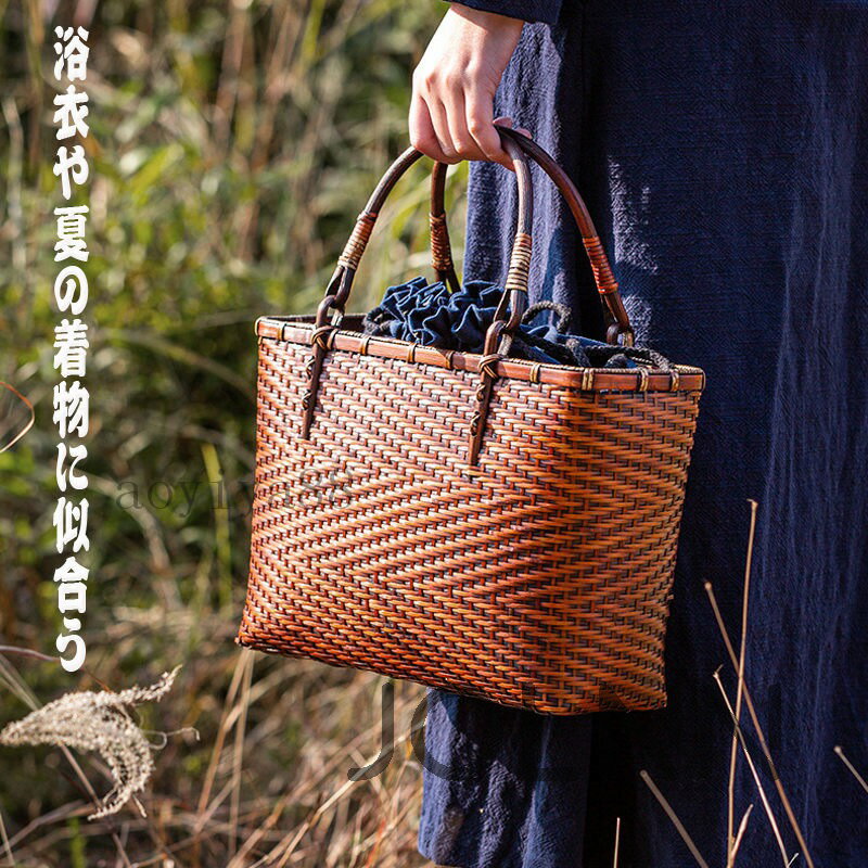 【送料無料】カゴバッグ 浴衣かごバッグ レディース ハンドバッグ 手作り 巾着付き リゾート気分 桜見 花見大会 キャンプ 家族 JOLNN