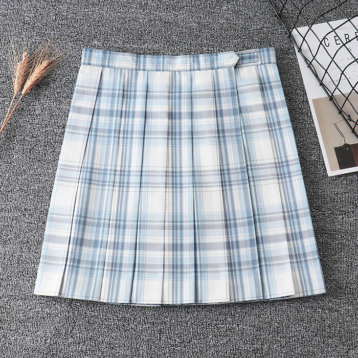 制服 夏 スカート チェック スクール スカート チェック柄 プリーツスカート ライトブルー レディース ひざ丈 48cm/43cm 高校生 中学生 学生服 学校 通学 女子 入学 スクール 女子高生 女子制服 年間使いやすい オールシーズン ハロウィン コスプレ コスチューム