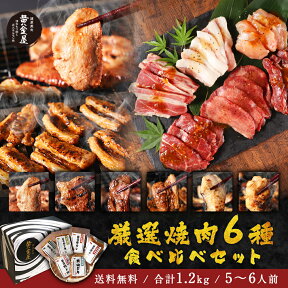 厳選焼肉セット6種食べ比べギフト（200g×6種 合計1,2kg） お肉 肉 送料無料 詰め合わせ 焼肉ギフト 牛タン ミスジ カルビ 豚トロ 大山どり ハタミ お取り寄せグルメ ビール 食品 テレビ 高級 食べ物 ビール お酒 50代 60代 70代