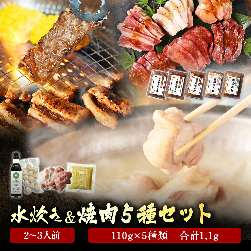 水炊き セット 2~3人前 ＆ 焼肉 5種（110g×5種 合計550g）まとめ買い 牛肩ロース 牛ヒレ 牛カルビ 豚ト..