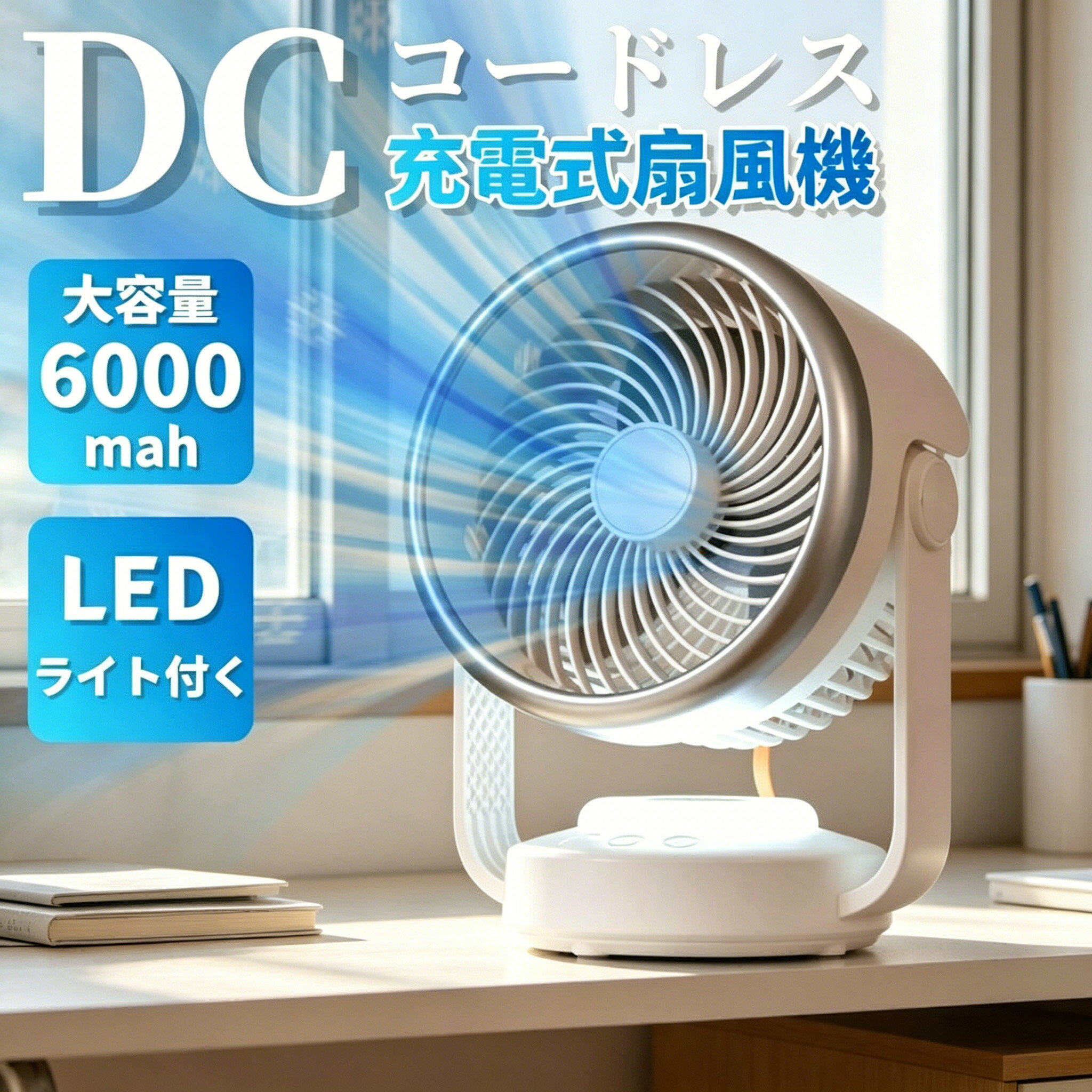 Rakuten - 卓上扇風機 扇風機 サーキュレーター 壁掛け 小型 コンパクト 静音 長時間 1台4役 扇風機 クリップ 4段階風量調節 大容量6000mah DCモーター 大風量 自動 首振り ナイトライト付き サーキュレーター 角度調整 強