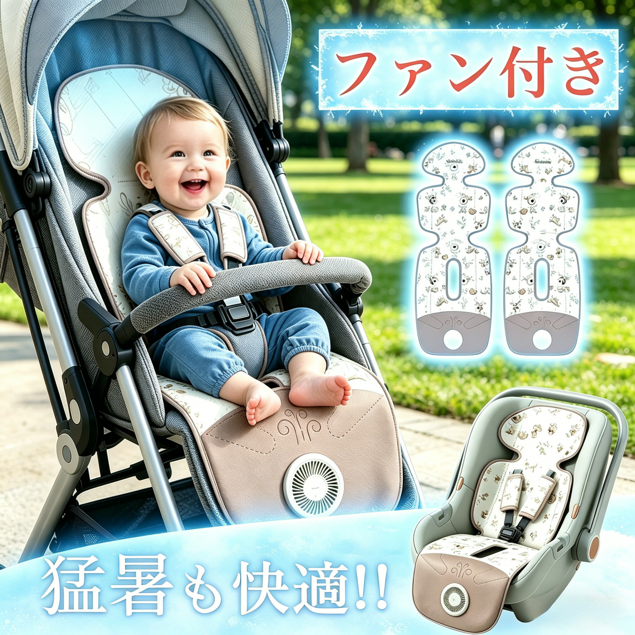 商品情報【商品詳細】座布団サイズ：約 96cm*34cm重量：プラグイン式：約0.98kg充電式：約1.05kg電源：USB 5V / 1A以上バッテリー内蔵モデル：8000mAhリチウムイオン（連続使用約4～6時間）材質：表地＝ポリエステルメッシュ（通気性抜群）、中材＝低反発ウレタン※ お使いのベビーカーによっては適合しない場合があります。詳細は商品画像の適合表をご確認ください。【こんなお悩み、ありませんか？】「夏のベビーカー、赤ちゃんの背中やお尻が汗でびっしょり…」「長時間のお出かけでムレて機嫌が悪くなってしまう」「うちわや扇子で仰いでもすぐ暑くなる」そんなママ・パパの声から生まれたのが、ベビーカー専用 電動通気クッションです。【たった3秒で快適エアフロー】クッション内部に超静音マイクロファンを搭載。スイッチONで、お子さまの背中・お尻まわりにそっと風を通し、ムレ・べたつきをしっかり解消。汗をかきやすい夏のベビーカー散歩が、ぐっと快適に変わります。【3段階風量調節】おやすみ中は「弱」、暑い日のお散歩は「強」など、シーンに合わせて風量を選べます。 ワンタッチ操作でママ・パパもラクラク。【取り外しOK・丸洗いできる衛生設計】手洗い・ネットに入れて洗濯機OK（洗濯可の仕様の場合）。汗やよだれ、食べこぼしがついても清潔に保てます。【USB充電式で繰り返し使える（一部仕様適用）】モバイルバッテリーやパソコン、家庭用USBアダプターから給電。1回のフル充電で最大約4～6時間連続使用（風量により異なる）。電池交換不要で経済的＆エコ。【取り付け簡単】ほとんどのベビーカー（3点式・5点式ベルト）に対応。付属の面ファスナー（マジックテープ）ベルトで固定するだけ。シートに挟み込むタイプなので、いちいち取り外さなくても折りたたみOKの機種が多いです。【取り外しOK・丸洗いできる衛生設計】手洗い・ネットに入れて洗濯機OK（洗濯可の仕様の場合）。汗やよだれ、食べこぼしがついても清潔に保てます。【注意事項】お子さまがファン部分に直接触れないよう、取り付け後は必ずファンガードの向きを確認してください。?就寝中に長時間使用する場合は、低温やけどにならないようこまめにチェックを。?本製品はベビーカーの補助アイテムです。運転中や段差通過時にお子さまが動かないよう、必ずベビーカーのベルトを正しく締めてご使用ください。?暑い夏も、ベビーカーの中はいつも快適な風のそよぎを。ママ・パパのちょっとした工夫で、赤ちゃんの笑顔がもっと増えますように。【1年保証期間】保証期間：お買い上げ日から1年初期不良、自然故障等、通常使用にかける不具合に保証対応させていただきます。冷却 ベビーカーシート 2026 ファンシート 扇風機 ベビー 赤ちゃん 暑さ対策 チャイルドシート ベビーカーシート 背中 汗 子供 ベビー 暑さ対策 保冷剤 出産祝い プレゼント ギフト 電動 USB電源 新生児 とも搭載 通気性抜群 3Dメッシュ4層構造で、一年中快適！3段階調整可能 れで丸洗いOK！保冷剤不要 お出かけ出産祝い 【商品詳細】座布団サイズ：約 96cm*34cm重量：プラグイン式：約0.98kg充電式：約1.05kg電源：USB 5V / 1A以上バッテリー内蔵モデル：8000mAhリチウムイオン（連続使用約4～6時間）材質：表地＝ポリエステルメッシュ（通気性抜群）、中材＝低反発ウレタン※ お使いのベビーカーによっては適合しない場合があります。詳細は商品画像の適合表をご確認ください。 5