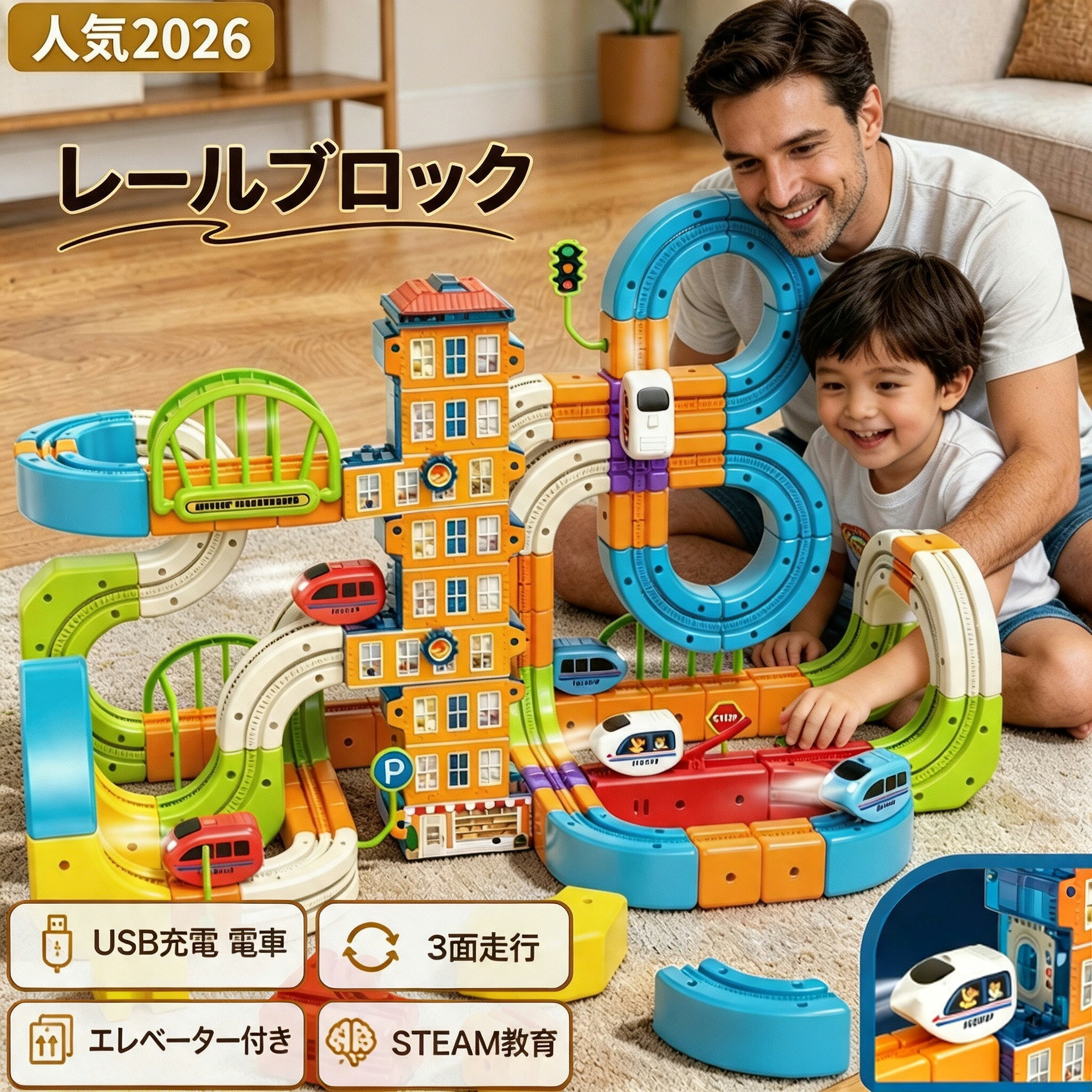 【人気のあそびが連結】レールブロック 3WAY立体レールカー USB充電式 エレベーター付き 電動レールセット 3面走行 組み立て 知育玩具 プレゼント 親子遊び 3歳以上 誕生日 プレゼント STEAM教育 デラックスセット 空間認知 創造力 幼稚園 パズルブロックトイ 電車 おもちゃ