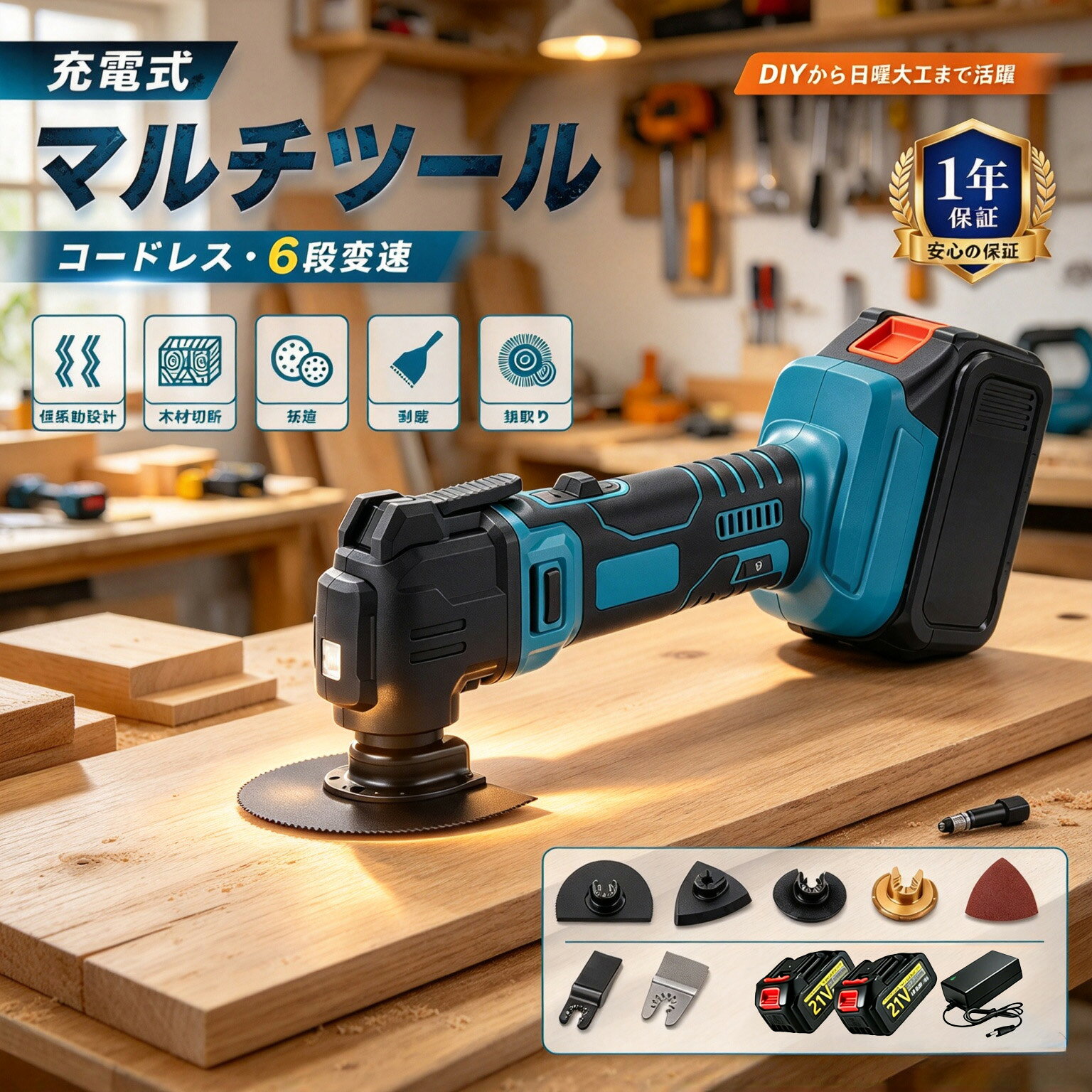 マルチツール 充電式 コードレス マキタバッテリー併用 マルチカッター 電動マルチツール 多機能工具 ブラシレスモーター搭載 6段変速 LEDライト付き 低振動 高速切断 替刃6点セット 木材 金属 研磨 切断 剥離 除去 サビ取り コーキング剥がし 木材カット DIY 21V 充電式マルチツール コードレス マルチカッター ブラシレスモーター 6段変速 LEDライト搭載 替刃6点付き 木材 金属対応 研磨 切断 剥離 サビ取り コーキング除去 DIY リフォーム 補修 製品仕様【商品名】充電式マルチツール【電圧】 21V【モーター】 ブラシレスモーター【変速】 6段変速【最高回転数】 約28000RPM【振動角度】 約3°【ライト】 LEDライト搭載【電源方式】 充電式コードレス【対応作業】 切断、研磨、剥離、除去、サビ取り、目地清掃、補修作業など【対応素材】 木材、金属、樹脂、石膏ボード、タイル目地、モルタル、セメントなど【付属品】 本体、替刃6点セット、収納ケース【バッテリー・充電器】 別売り【保証期間】 1年間保証ご注意※本商品にはバッテリー・充電器は付属しておりません。※ご使用には対応バッテリー・充電器を別途ご購入ください。※使用時間や作業効率は、使用環境・素材・作業内容・バッテリー容量により異なります。※作業時は保護メガネや手袋などの安全用品を着用してください。 5