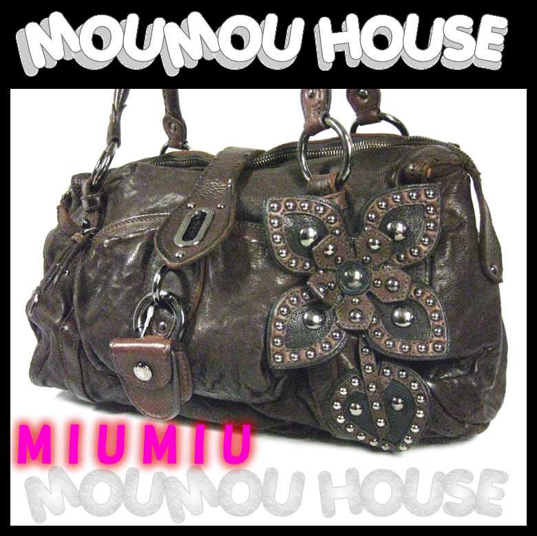 ボストンバッグ 【送料無料】miumiu■ミュウミュウ■フラワーコサージュ■ボストンバッグバッファローレザー■ブラウン■RR1315■レディース♪バック【B-E】