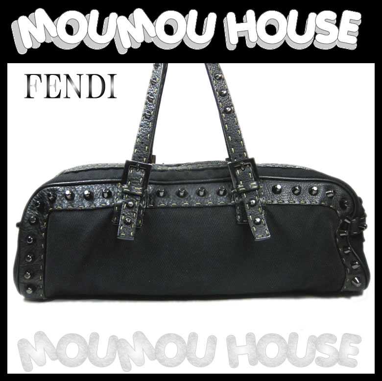 【送料無料】FENDI■フェンディ■スタッズ■ボストンバッグキャンバス×レザー■ブラック■NO.49-14570■保存袋付■レディース♪バック【A-K】