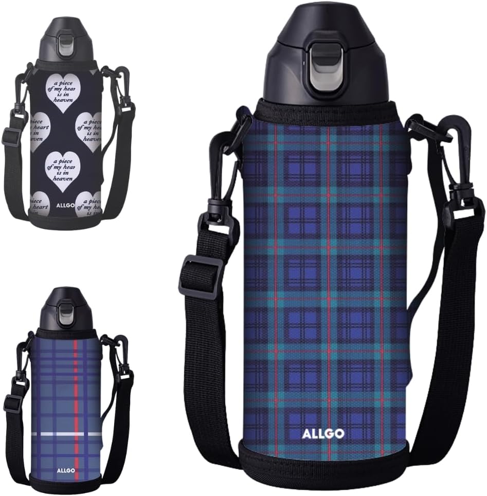 Children Canteen - 送料無料　ALLGO 水筒 1L ポータブルボトル 保冷専用 大容量 ワンタッチ 直飲み 小学生 ステンレス製 PBY-10 (チェックグリーン)