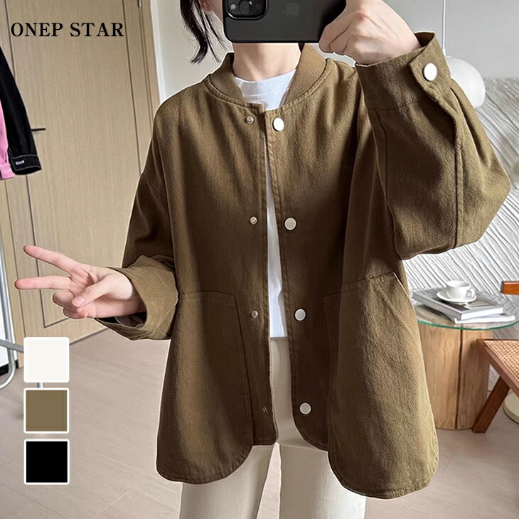 【2/20 50%OFF！24H限定クーポンで】配色ボタンゆるシルエットライトジャケット レディース ジャケット 長袖 スナップボタン クルーネック 袖口ボタン付き カジュアル 20代 30代 40代 50代 ワンピスター