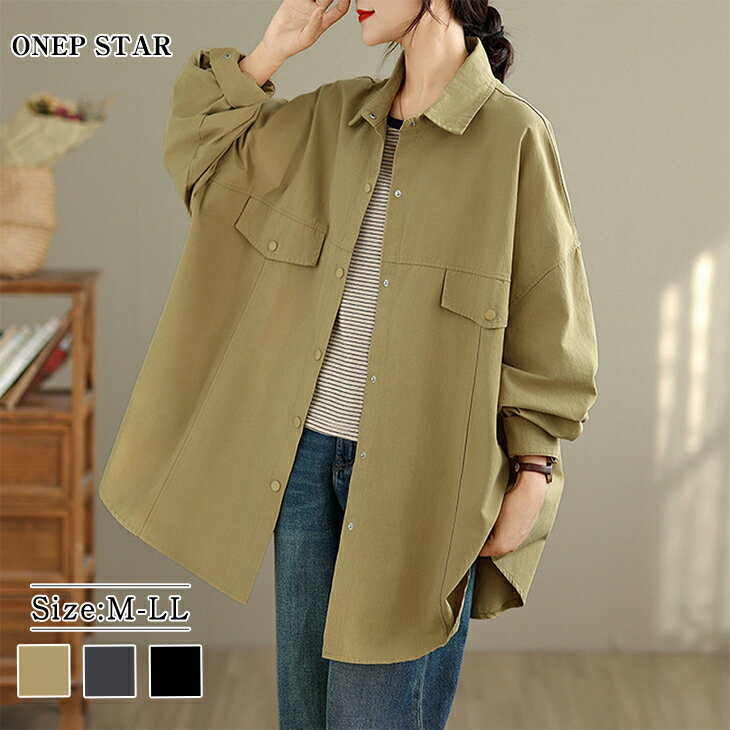 【11/15　50%OFF！24H限定クーポンで】プリーツバック×オーバーサイズジャケット レディース アウター シャツジャケット 長袖 オーバーサイズ ポケット付き 秋 冬 春 20代 30代 40代 50代 ワンピスターのサムネイル
