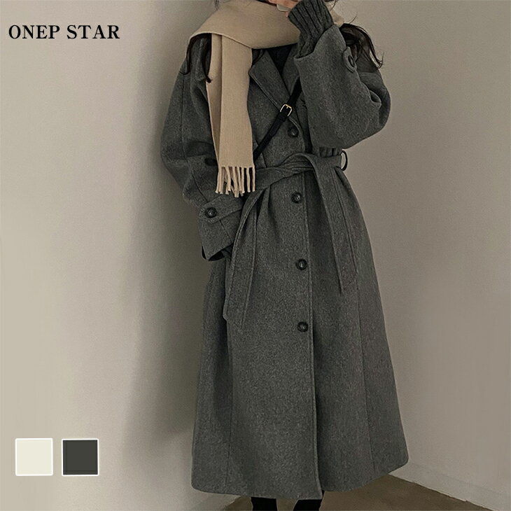 【11/15　50%OFF！24H限定クーポンで】ステンカラーウール調コート レディース ロングコート ウール調 ベルト 長袖 スリット入り ゆったり 体型カバー 大人カジュアル 秋 冬 20代 30代 40代 50代 ワンピスターのサムネイル