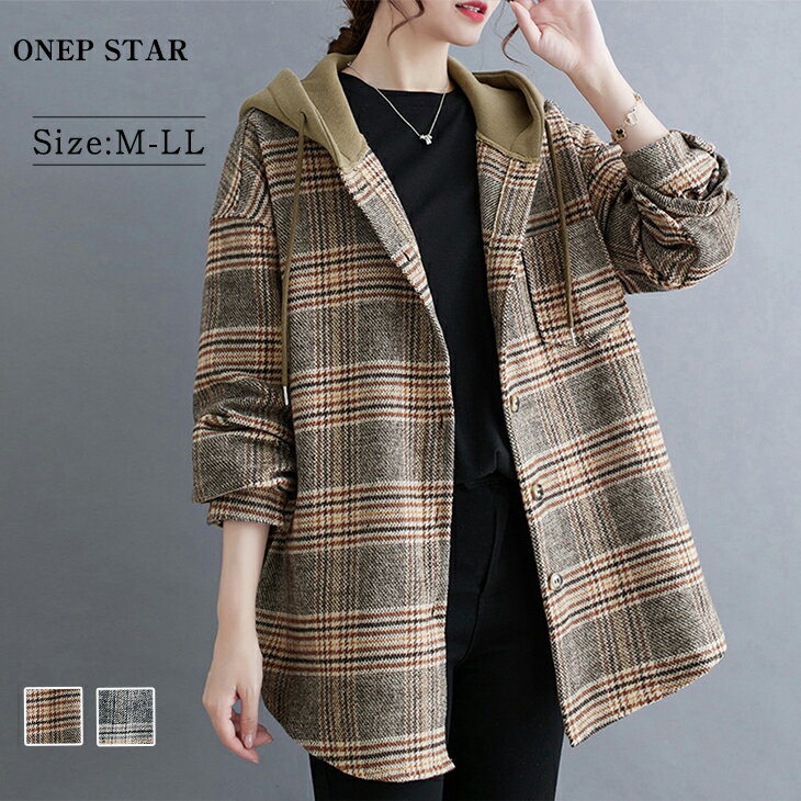 【11/15　50%OFF！24H限定クーポンで】フード付きチェック柄シャツジャケット レディース カバーオール チェック柄 長袖 ボタン付き ゆったり カジュアル 秋 冬 着映え 20代 30代 40代 50代 ワンピスターのサムネイル
