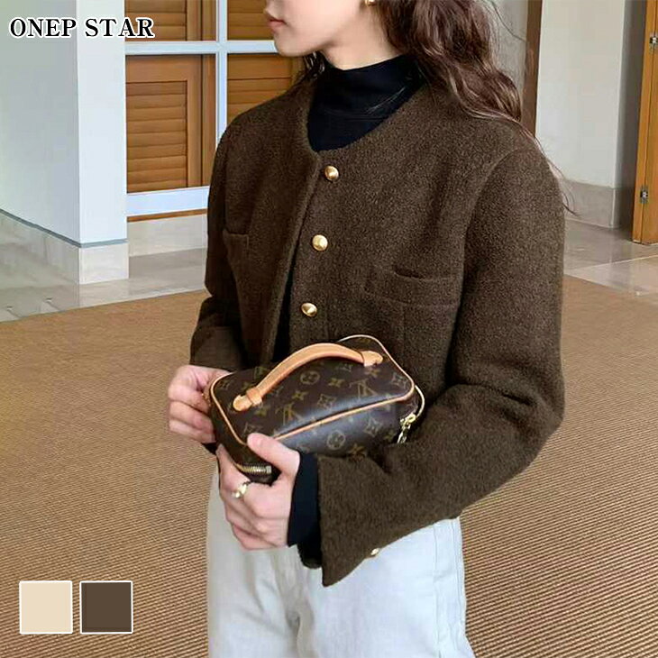 【3/15 50%OFF！24H限定クーポンで】ゴールドボタン付きツイードジャケット レディース ノーカラージャケット ショート丈 長袖 上品 シンプル 羽織り 大人カジュアル 秋 冬 20代 30代 40代 50代 ワンピスター