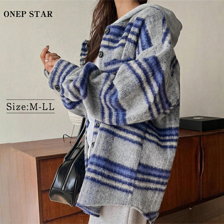 【12/3 50%OFF！2点購入クーポンで】ストライプ柄フリースジャケット レディース ジャケット フリース ボタン フード ストライプ柄 ゆったり 長袖 大人カジュアル 秋 冬 20代 30代 40代 50代 ワンピスター