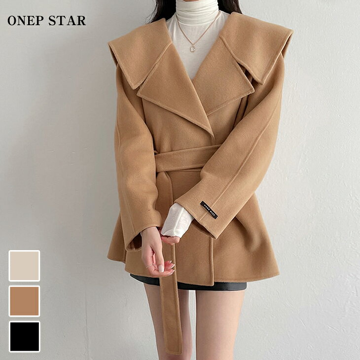 【3/15 50%OFF！24H限定クーポンで】ワイドラペル×ベルト付きロングコート レディース コート ロング丈 ウール調 ベルト付き ワイドカラー 上品 大人カジュアル 秋 冬 20代 30代 40代 50代 ワンピスター