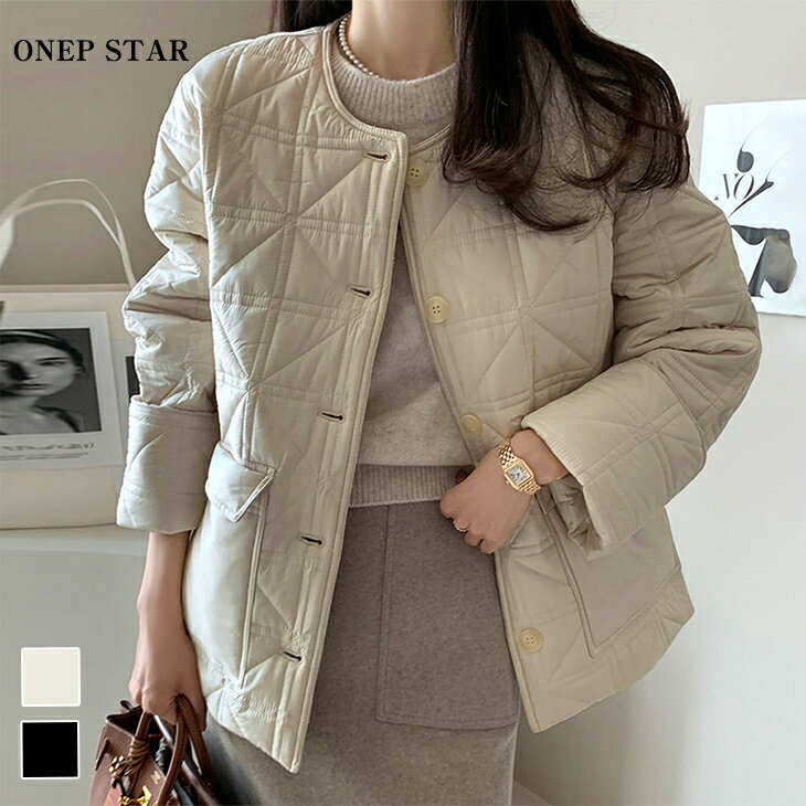 【3/15 50%OFF！24H限定クーポンで】ノーカラーキルティングジャケット レディース ジャケット ノーカラー キルティング ボタン留め スリット 無地 大人カジュアル 秋 冬 20代 30代 40代 50代 ワンピスター