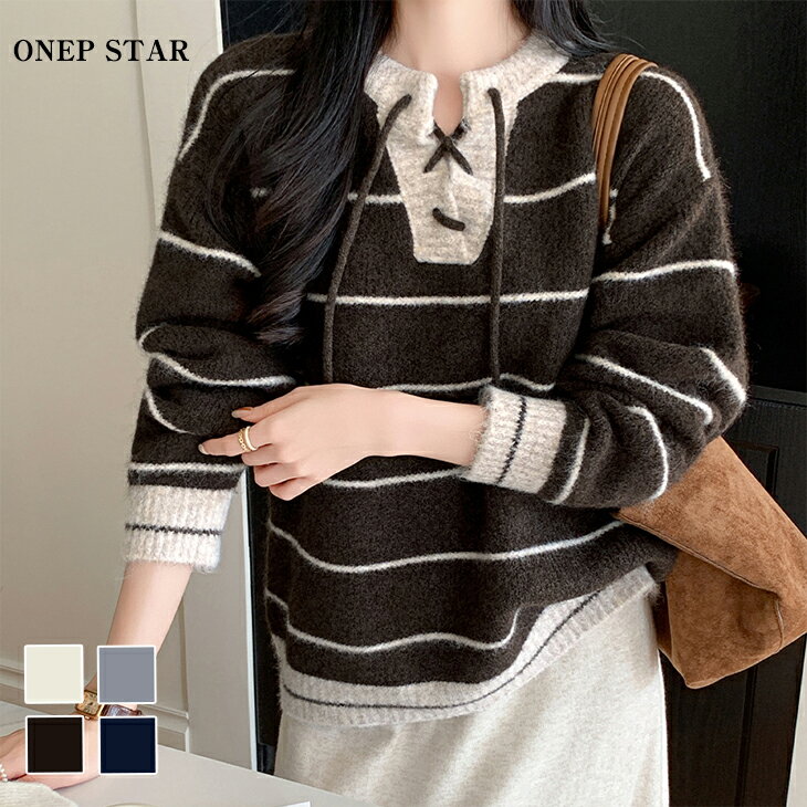 【11/30　50%OFFクーポン対象】フード付きボーダーニットトップス レディース ニット パーカ ...