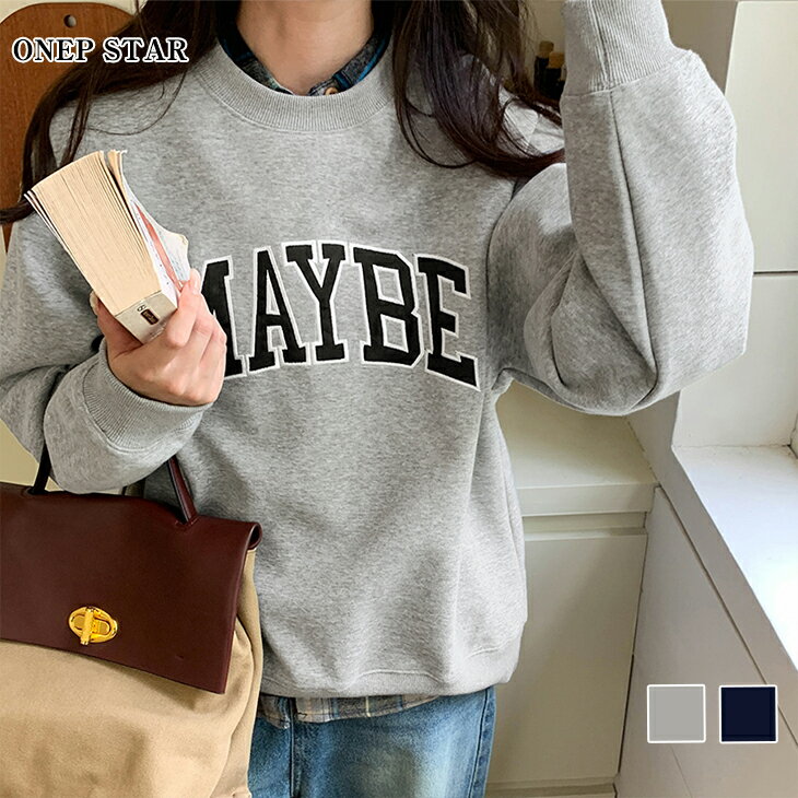 【11/15　50%OFF！24H限定クーポンで】ロゴ入りネイビースウェットトップス レディース スウェット トレーナー 長袖 ロゴ クルーネック 大人カジュアル 着映え 秋 冬 春 20代 30代 40代 50代 ワンピスターのサムネイル