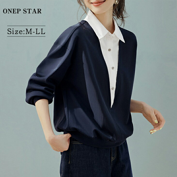 【12/3 50%OFF！2点購入クーポンで】シャツ襟×Vネック異素材ドッキングトップス レディース シャツ レイヤード風 Vネック 長袖 着映え カジュアル きれいめ 春 秋 冬 20代 30代 40代 50代 ワンピスター