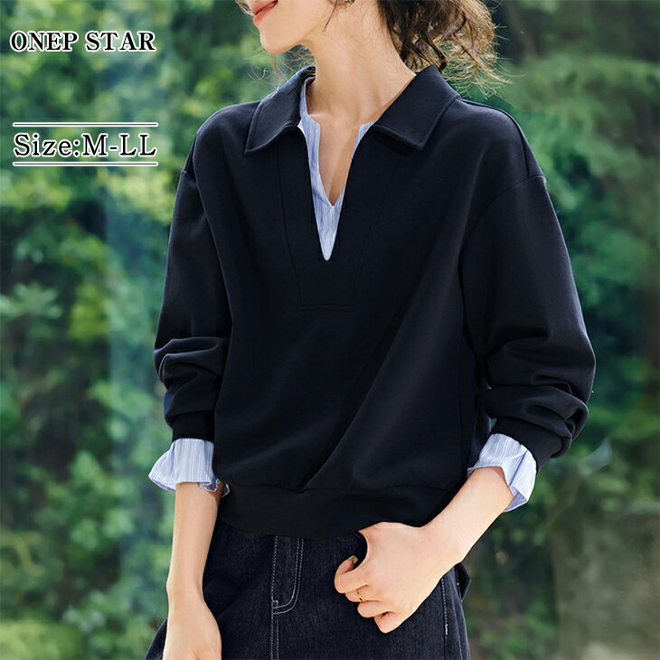 【11/12 50%OFF！2点購入クーポンで】レイヤード風ニットプルオーバー レディース トップス シャツ レイヤード Vネック 長袖 ストライプ 着映え カジュアル 春 秋 冬 20代 30代 40代 50代 ワンピスターのサムネイル