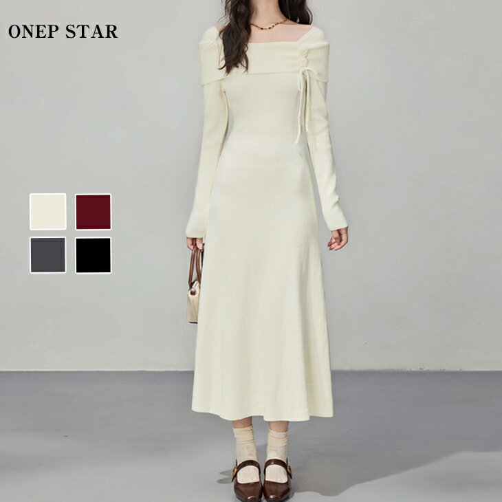 【11/17　50%OFF！クーポンで】花モチーフ付きニットワンピース レディース ロング オフショルダー フラワーデザイン 長袖 フィットシルエット 大人カジュアル 秋 冬 20代 30代 40代 50代 ワンピスターのサムネイル