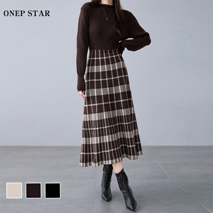 プリーツチェック柄スカート レディース スカート ロング丈 チェック柄 プリーツ Aライン 体型カバー 韓国風 大人カジュアル 秋 冬 20代 30代 40代 50代 ワンピスター