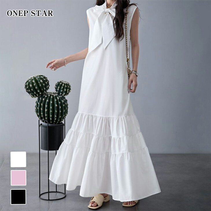 【9/2 クーポンで50％OFF！】リボンデザインロングワンピース レディース ワンピース ノースリーブ ロング フレアスカート リボン付き 着映え 体型カバー 春 夏 無地 20代 30代 40代 50代 ワンピスターのサムネイル