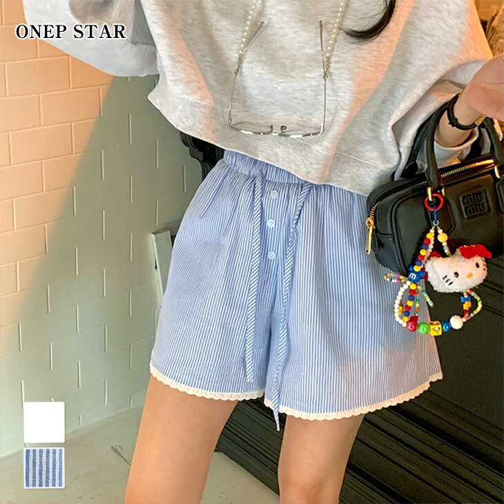 Rakuten - 【5/31 50%OFF！48H限定クーポンで】レースアクセントショートパンツ レディース ボトムス ショートパンツ ストライプ レース裾 ウエストゴム 大人カジュアル 春 夏 20代 30代 40代 50代 ワンピスター