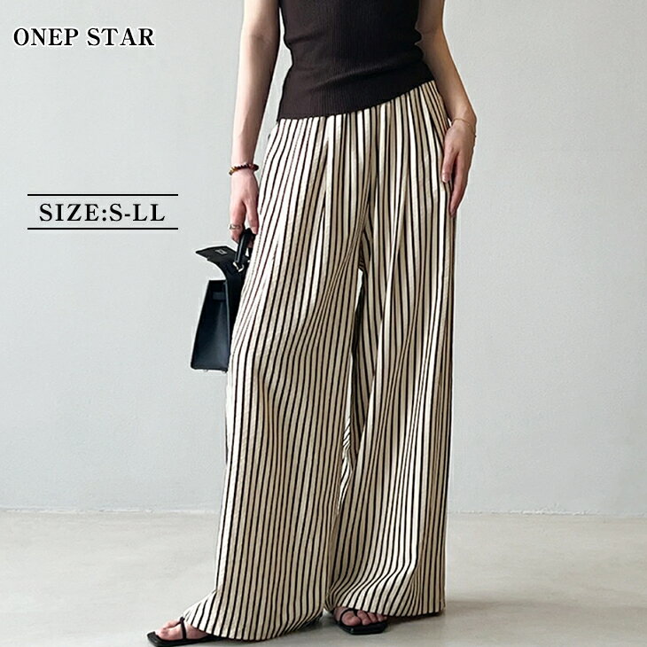 Rakuten - 【6/2 45%OFF！クーポンで】接触冷感 ストライプワイドパンツ レディース パンツ ワイドパンツ ストライプ柄 ウエストゴム リラックス シンプル 大人カジュアル 春 夏 20代 30代 40代 50代 ワンピスター