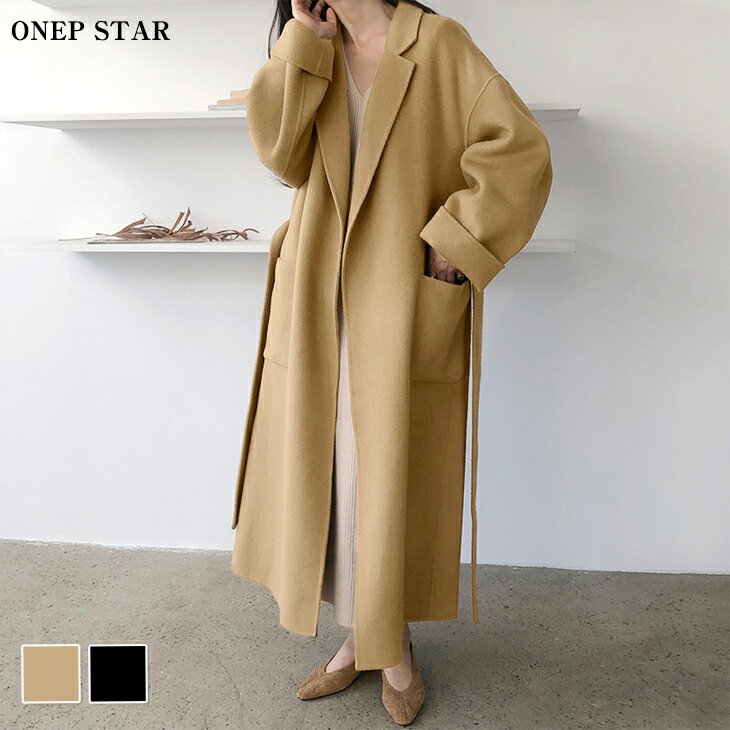 【11/19　50%OFF！2点購入クーポンで】ベルト付きロングチェスターコート レディース コート ロング丈 ベルト付き ワイドラペル 裏地付き ゆったり きれいめ 上品 秋 冬 20代 30代 40代 50代 ワンピスターのサムネイル