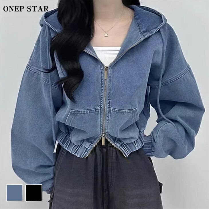 【11/10　50%OFF！24H限定クーポンで】デニムデザインショート丈ジップアップパーカー レディース ジャケット フード付き クロップド ジップアップ ストリート 春 秋 冬 20代 30代 40代 50代 ワンピスターのサムネイル