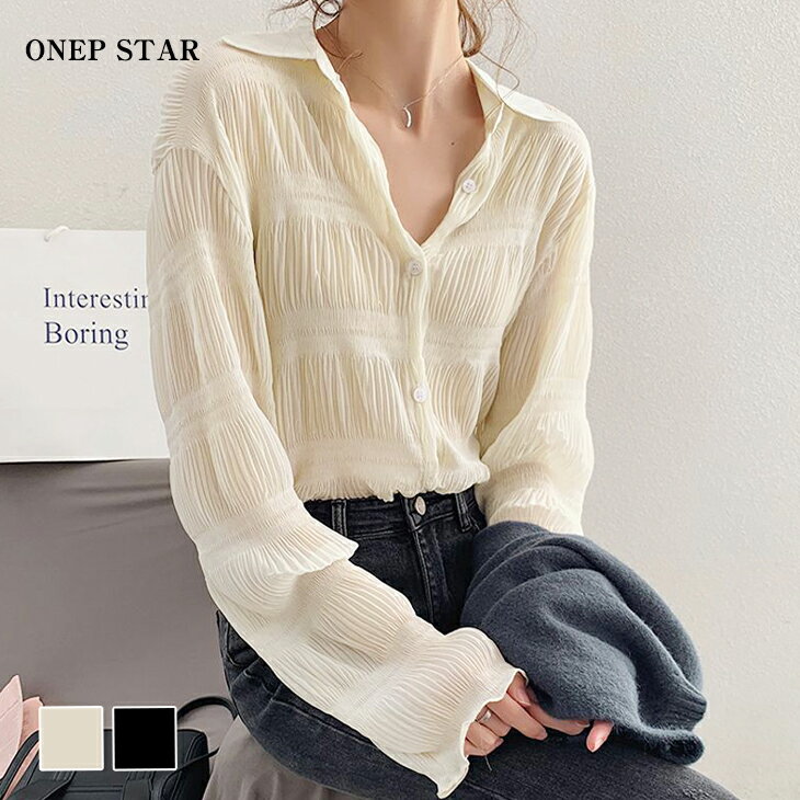 【9/7　50%OFF！2点購入クーポンで】トップス シャツ ブラウス シンプル 無地 しぼ感 模様 透け感 ゆったり ワイド 体型カバー 二の腕カバー 長袖 カジュアル お出かけ ベージュ ブラック レディースファッション 20代 30代 40代 50代 60代 ワンピスターのサムネイル