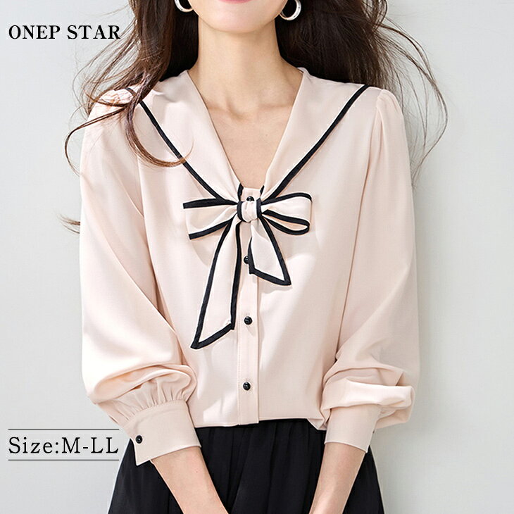 Rakuten - 【6/12 50%OFF！2点購入クーポンで】セーラーカラー風×配色パイピングブラウス レディース トップス ブラウス 長袖 セーラーカラー 配色リボン 大人カジュアル 春 秋 20代 30代 40代 50代 ワンピスター