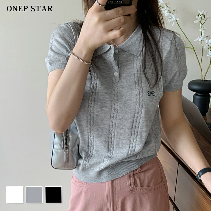 【11/25 50%OFF!24H限定クーポンで】リボン刺繍ポロニット レディース トップス ニット ポロシャツ 半袖 リボン刺繍 春 夏 きれいめ カジュアル...
