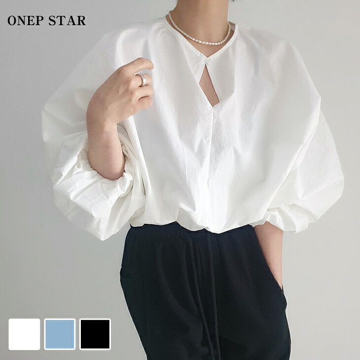 【12/3 50%OFF！2点購入クーポンで】ギャザー袖キーネックブラウス レディース ブラウス 長袖 ボリュームスリーブ 前後ボタン付き クルーネック 体型カバー 薄手 コットン混 20代 30代 40代 50代 ワンピスター