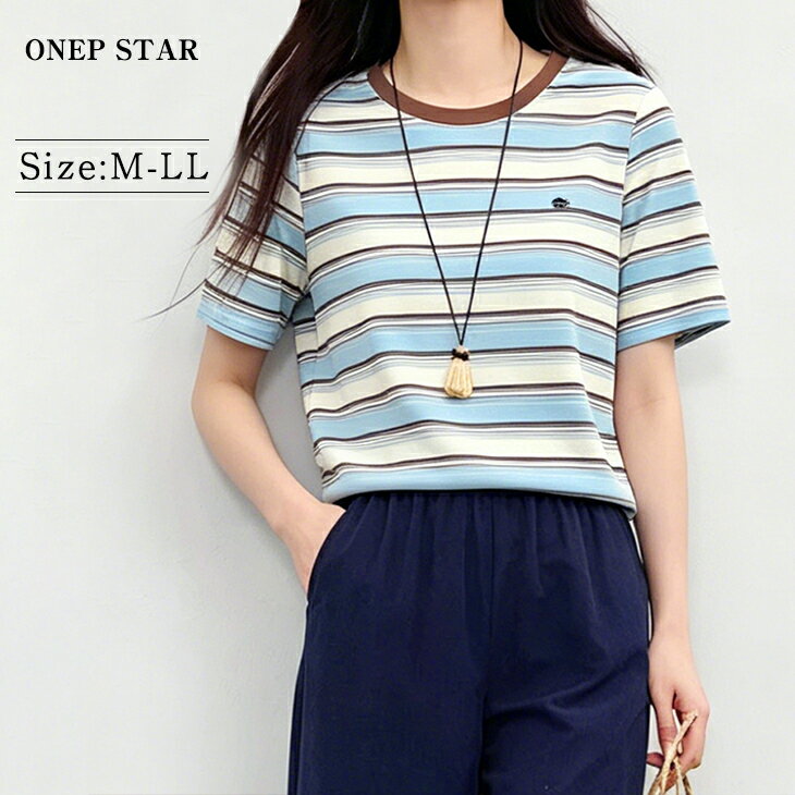 Rakuten - 【6/3 45%OFF！クーポンで】配色リブボーダー半袖Tシャツ レディース トップス Tシャツ 半袖 ボーダー柄 配色リブ 体型カバー ゆったり 大人カジュアル 春 夏 20代 30代 40代 50代 ワンピスター