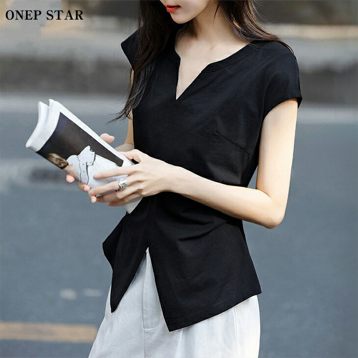 乐天商城 - 【6/28 50%OFF！1点購入クーポンで】キーネックサイドギャザーカットソー レディース トップス カットソー 半袖 フレンチスリーブ キーネック 無地 モード きれいめ 春 夏 20代 30代 40代 50代 ワンピスター