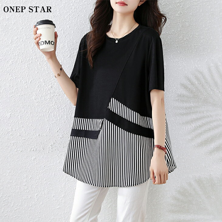 乐天商城 - 【6/26 50%OFF！1点購入クーポンで】ストライプ柄オーバーサイズ半袖Tシャツ レディース トップス Tシャツ 半袖 ストライプ柄 クルーネック オーバーサイズ シンプル 春 夏 20代 30代 40代 50代 ワンピスター