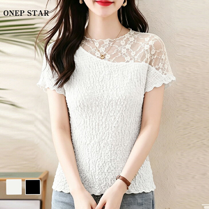 Rakuten - 【6/22 50%OFF！2点購入クーポンで】レース切替ワッシャー半袖トップス レディース トップス ブラウス 半袖 レース 切り替え ワッシャー加工 クシュクシュ きれいめ 春 夏 20代 30代 40代 50代 ワンピスター