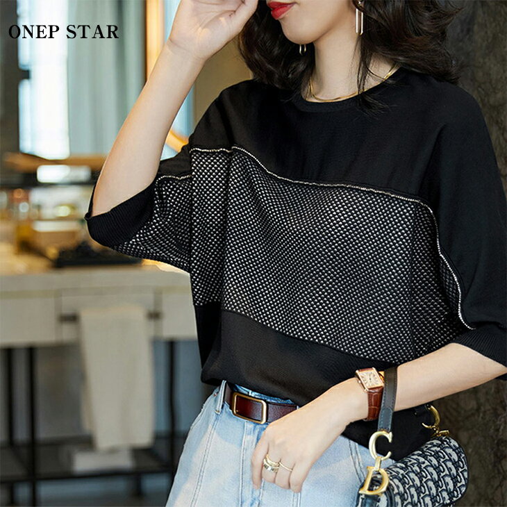 Rakuten - 【5/31 50%OFF！48H限定クーポンで】メッシュ切り替えニットトップス レディース トップス ニット 半袖 メッシュ切り替え ブラック モード カジュアル 体型カバー 春 夏 20代 30代 40代 50代 ワンピスター