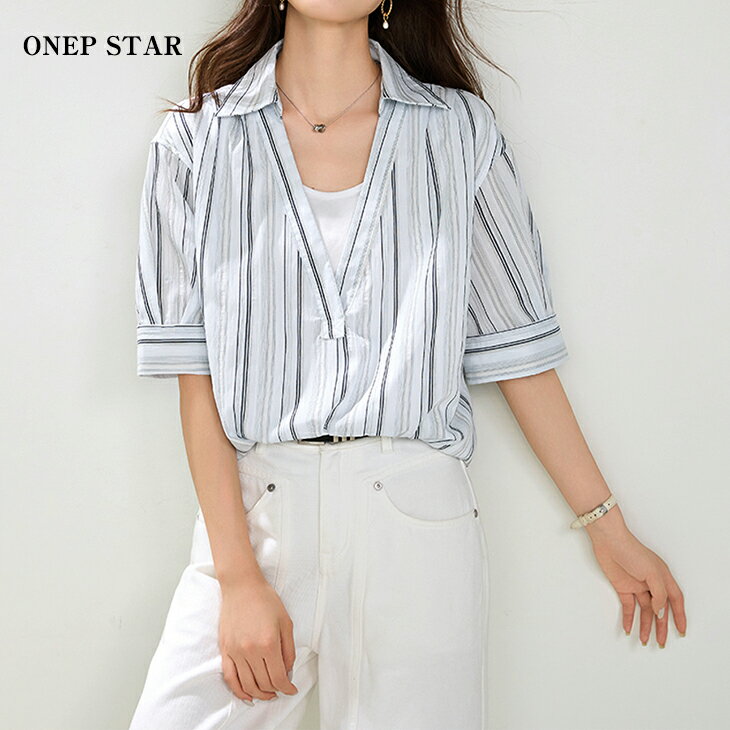 乐天商城 - 【6/27 50%OFF！1点購入クーポンで】ストライプ柄スキッパー半袖シャツ レディース トップス シャツ 半袖 ストライプ柄 開襟 スキッパー 大人カジュアル ナチュラル 春 夏 20代 30代 40代 50代 ワンピスター