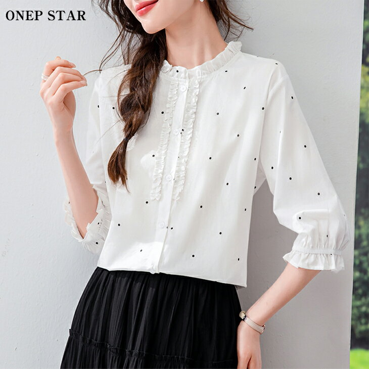 乐天商城 - 【6/24 50%OFF！2点購入クーポンで】ドット柄フリルネック七分袖ブラウス レディース トップス ブラウス ドット柄 七分袖 フリルネック きれいめ 大人カジュアル 春 夏 20代 30代 40代 50代 ワンピスター