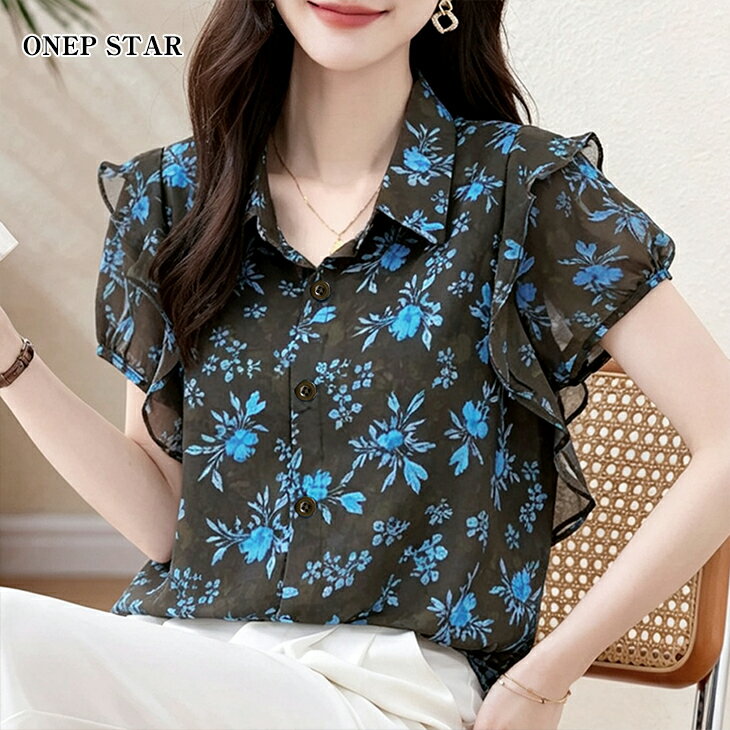 乐天商城 - 【6/27 50%OFF！1点購入クーポンで】花柄プリントフリル半袖ブラウス レディース トップス ブラウス 半袖 シャツ 花柄 フリル袖 シアー 透け感 きれいめ オフィス 春 夏 20代 30代 40代 50代 ワンピスター