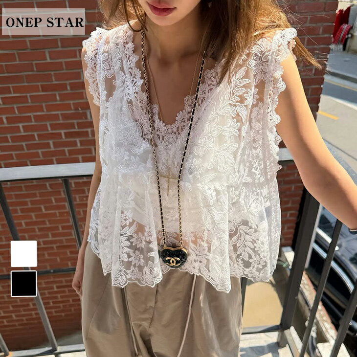 乐天商城 - 【6/26 50%OFF！1点購入クーポンで】総レースノースリーブトップス レディース トップス ブラウス レース ノースリーブ ベスト 総レース Vネック シアー レイヤード 春 夏 20代 30代 40代 50代 ワンピスター