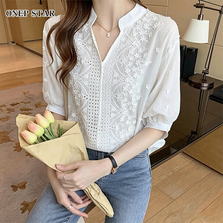 【7/26 50%OFF！2点購入クーポンで】刺繍カットワークブラウス レディース トップス ブラウス 半袖 五分袖 刺繍 カットワーク レース キーネック スタンドカラー 春 夏 20代 30代 40代 50代 ワンピスター