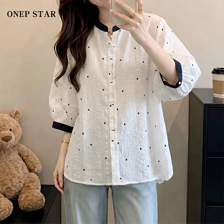 【7/26 50%OFF！2点購入クーポンで】配色バンドカラー長袖シャツ レディース トップス シャツ ブラウス 長袖 バンドカラー スタンドカラー 配色 ドット柄 きれいめ 春 夏 20代 30代 40代 50代 ワンピスター