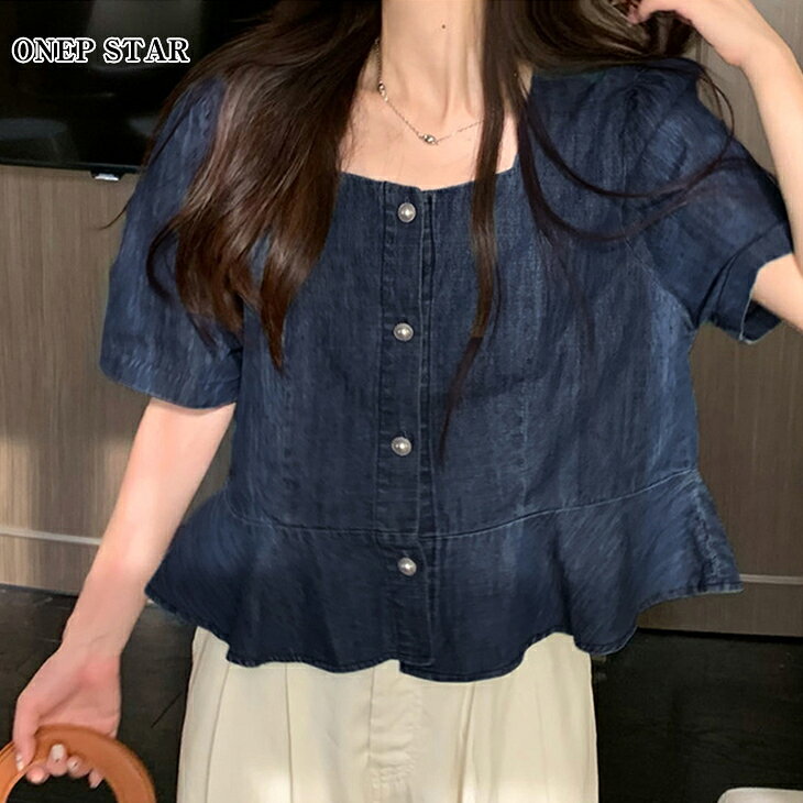 【7/26 50%OFF！2点購入クーポンで】パール調ボタンペプラムデニムブラウス レディース トップス ブラウス シャツ デニム ペプラム スクエアネック パールボタン 半袖 春 夏 20代 30代 40代 50代 ワンピスター