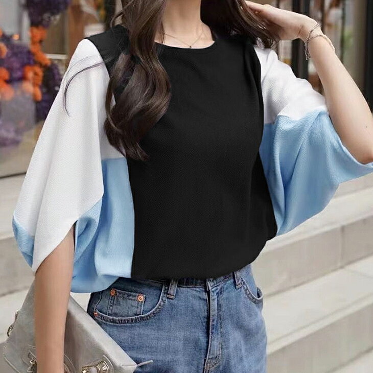 【9/3 50%OFF！2点購入クーポンで】Tシャツ トップス カットソー プルオーバー レディース 春夏 無地 ドルマンスリーブ ボーダー 五分袖 ビッグシルエット 配色 切替 カジュアル シンプル オフィス