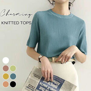 【39%OFF!クーポンで】ニット セーター ニットトップス トップス サマーニット リブニット tシャツ インナー 半袖 クルーネック リブ 伸縮性 シンプル 無地 オフィス カジュアル レディースファッション 40代 50代 ワンピスター