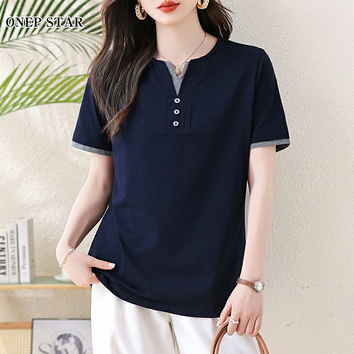 乐天商城 - 【6/22 50%OFF！2点購入クーポンで】バイカラーヘンリーネック風カットソー レディース トップス カットソー Tシャツ 半袖 ヘンリーネック バイカラー 配色 きれいめ 春 夏 20代 30代 40代 50代 ワンピスター